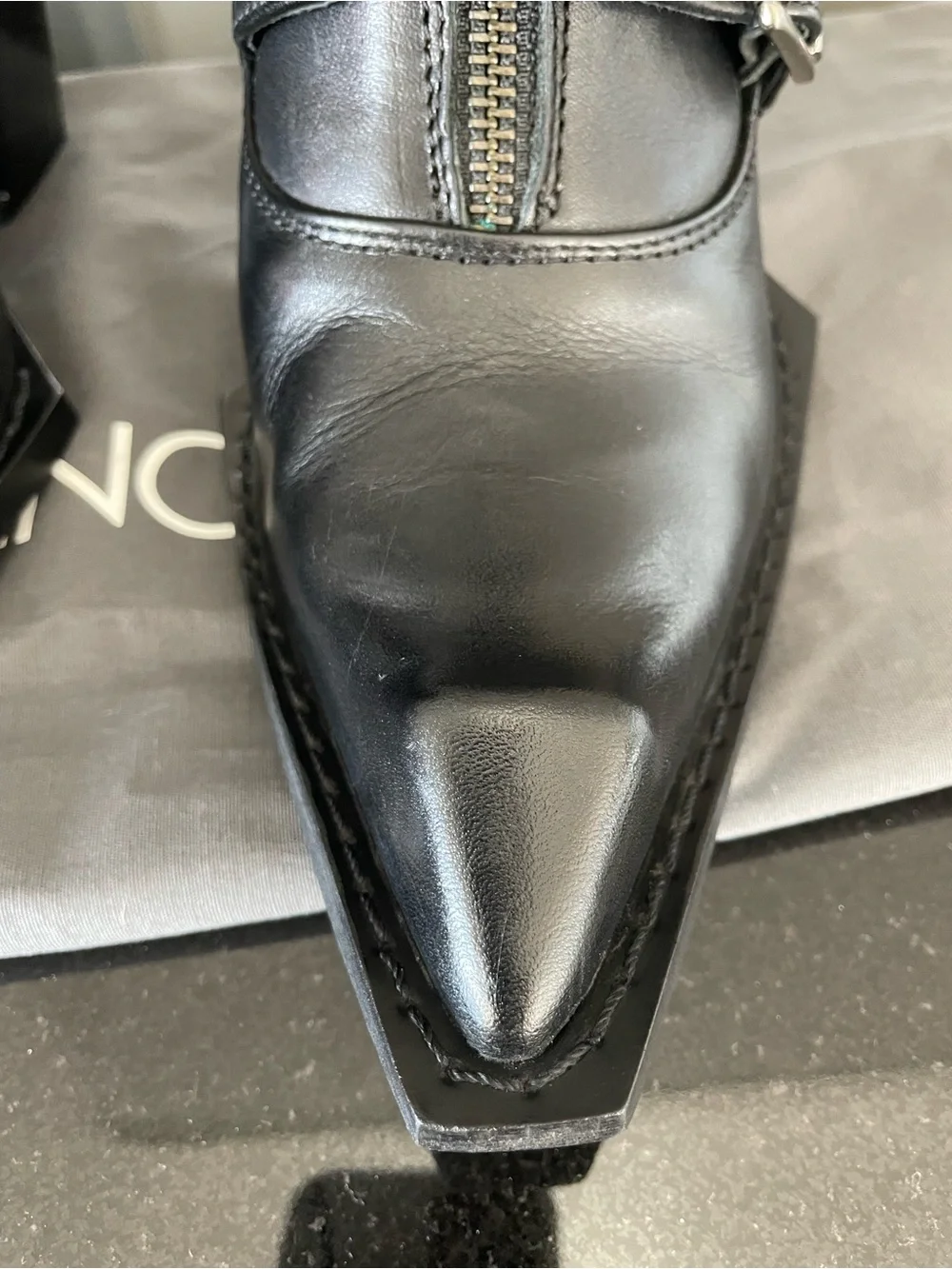 John Fluevog, black swordfish buckle/zip boot. Size 7.